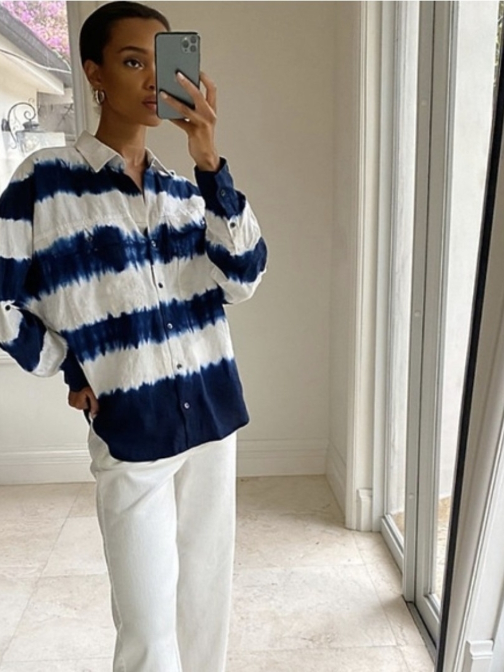 Babaton Navy and White Tie-Dye Button Shirt - Picture 4 of 5